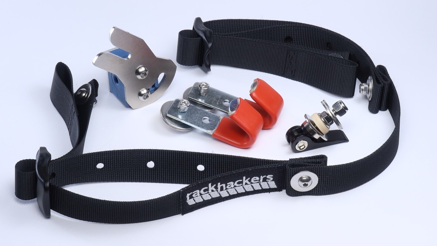 Cannier set DIY parts kit for transforming plastic cans into bicycle panniers.